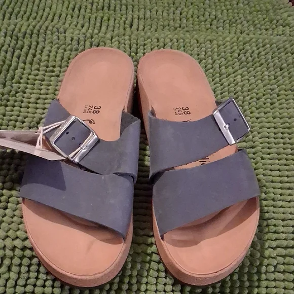 NWT Papillio Blue Slide Sandals with Silver Buckle, Suze 38, Narrow, Cork Wedges - Picture 1 of 8
